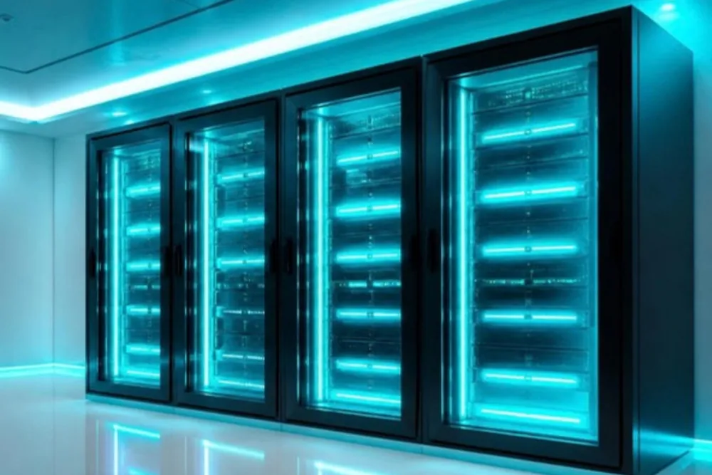 Clean row of enclosed GPU server racks, representative of the racks ARO deploys